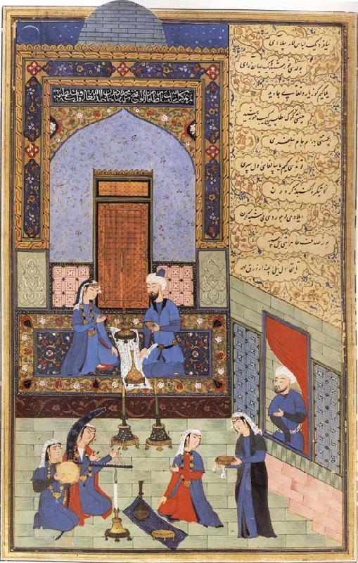 Prince Bahram-i-Gor,dressed in blue,listen to the tale of the Princess of the Blue Pavilion, Ali She Nawat